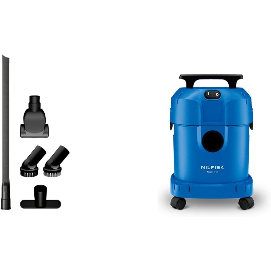Aspirateur mixte associant l'entretien des surfaces de l'atelier au coloris bleu et gris