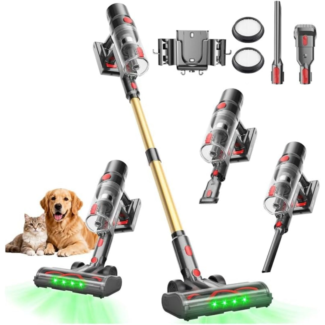 Aspirateur au format balai integrant la collecte de la poussiere et l'entretien des tapis