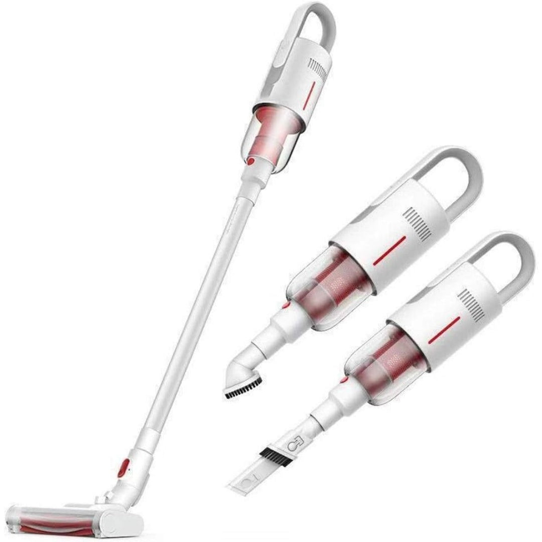 Aspirateur balai, coloris blanc et gris, avec la collecte des poils