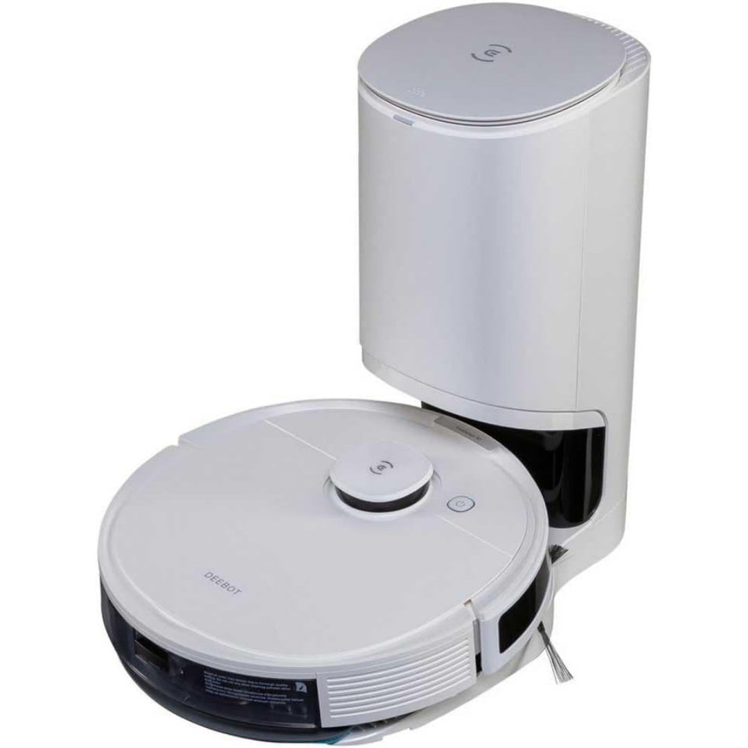 Robot avec base de collecte avec le nettoyage automatise des sols, coloris gris et blanc
