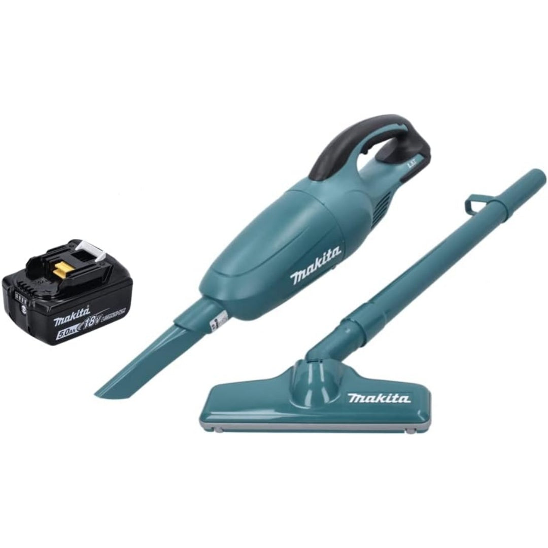 Aspirateur vertical associant l'entretien des sols au coloris bleu et gris