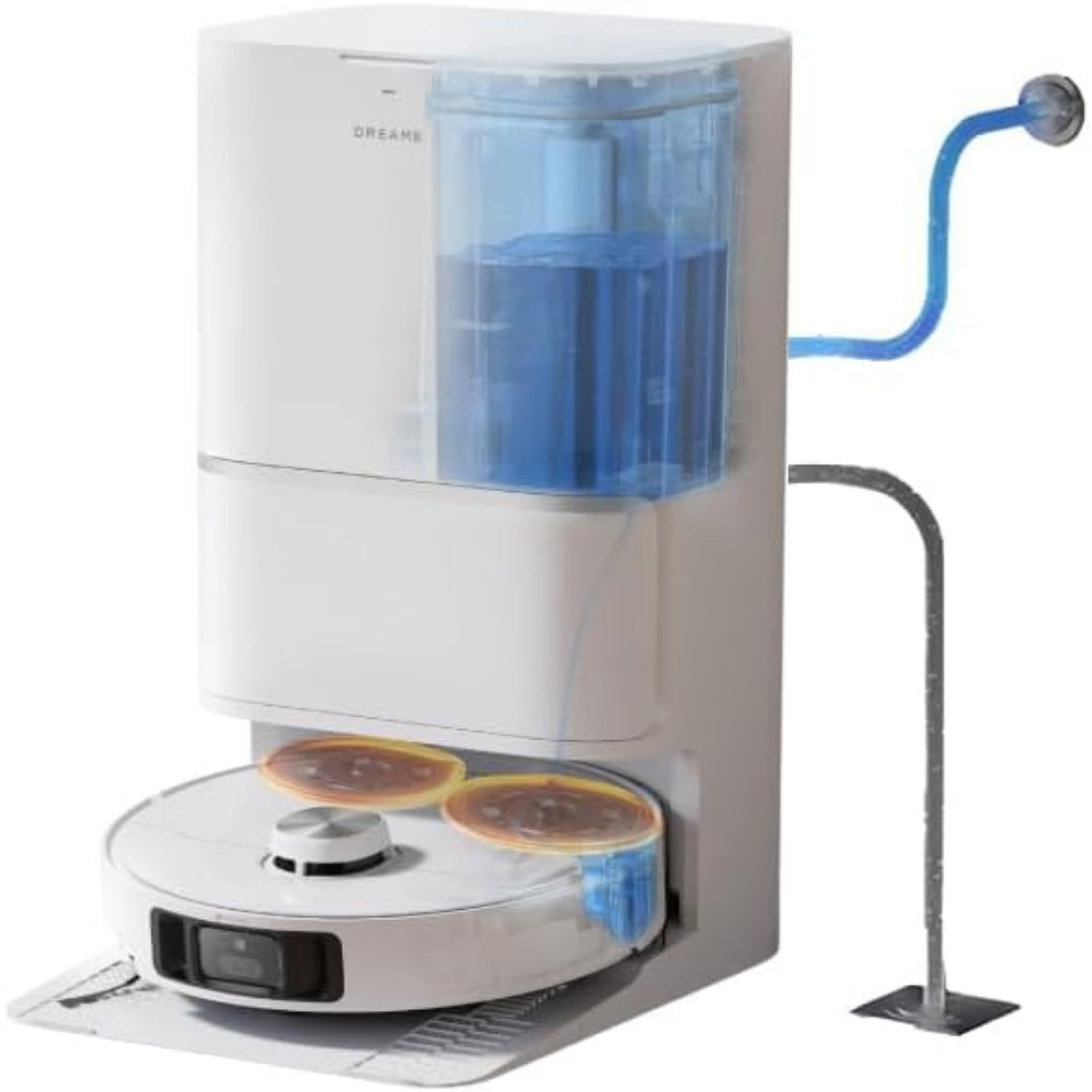 Robot de nettoyage avec base multifonction associant le vidage automatique au coloris gris et blanc