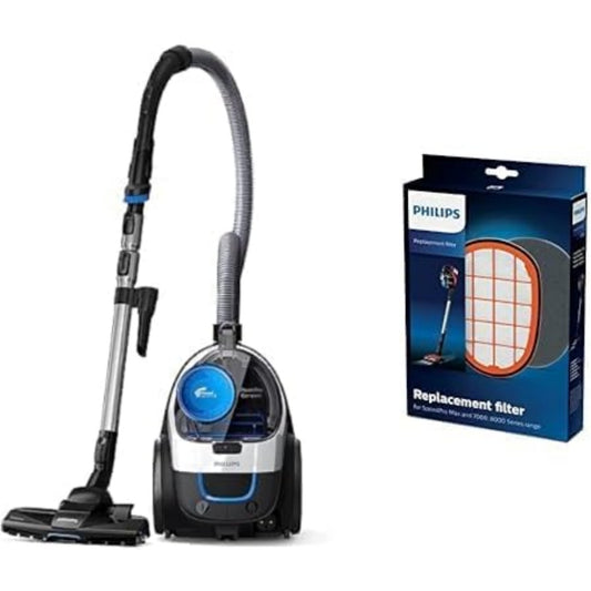 Aspirateur au format traineau associant l'entretien des sols au coloris blanc et gris