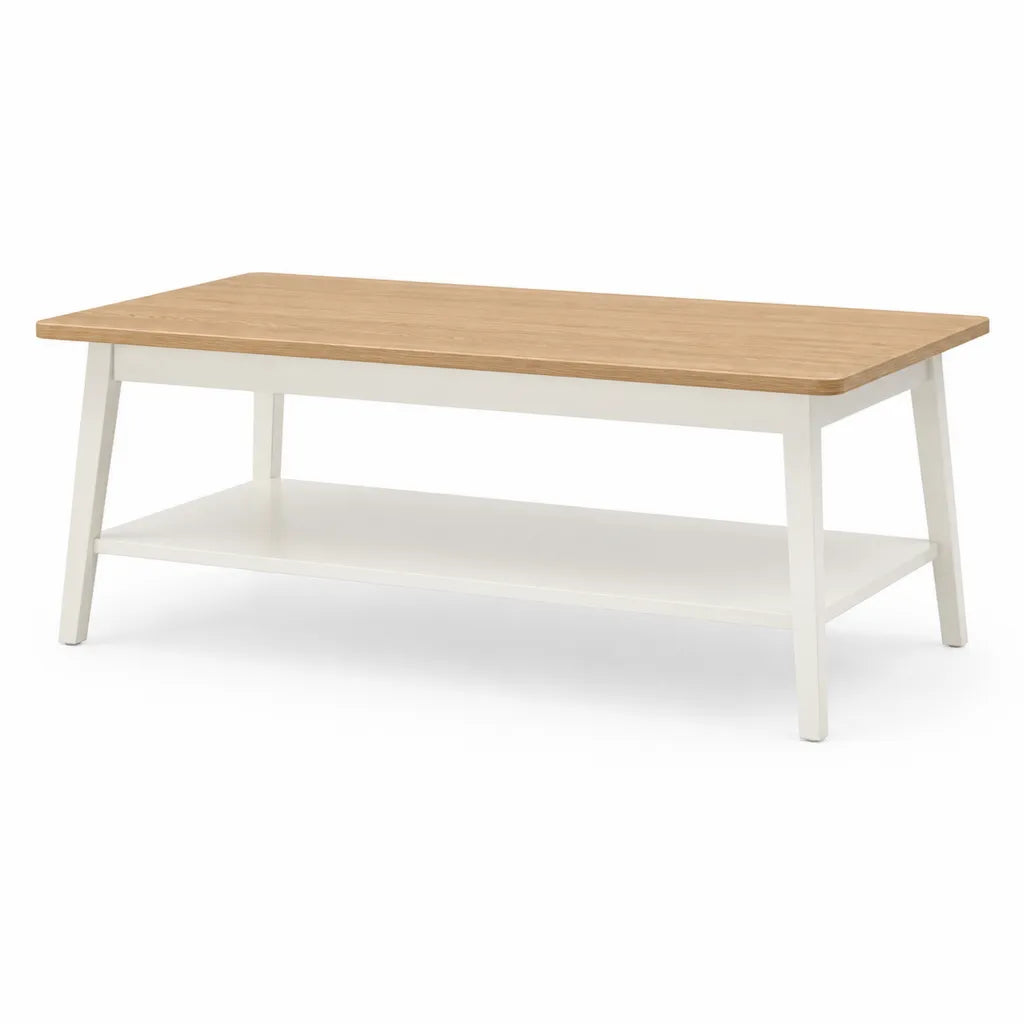 Table basse rectangulaire avec etagere 100 x 50 x 45 cm MDF placage chene et pin massif blanc