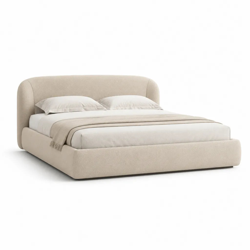 Lit coffre 160 x 200 cm capitonne en polyester beige avec tete de lit arrondie