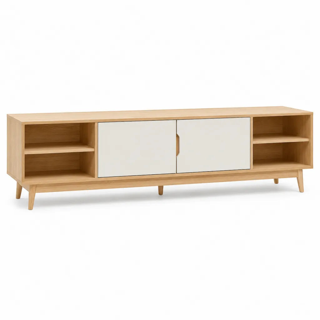 Meuble TV 180 x 40 x 55 cm en panneaux MDF plaques chene avec 2 portes blanc et chene