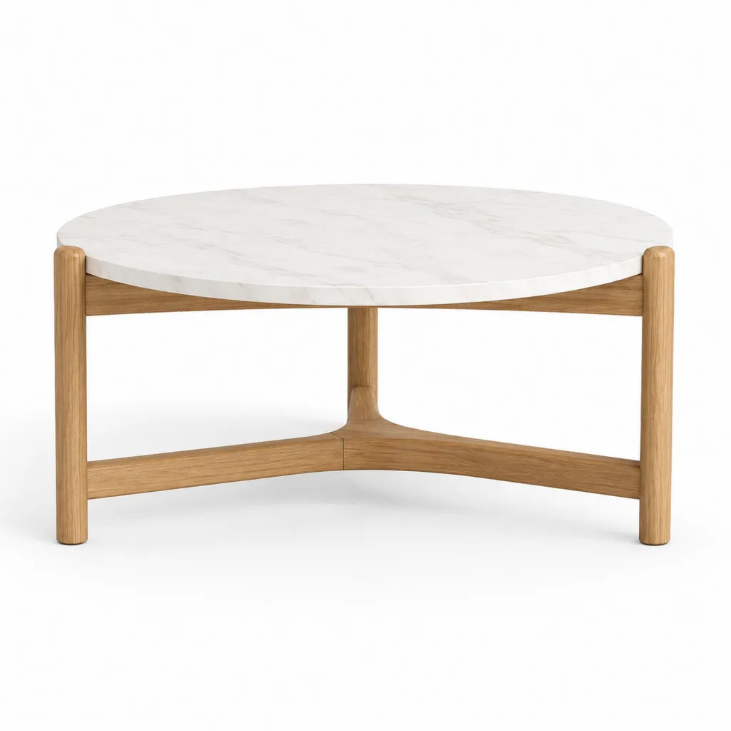 Table basse ronde 80 cm en marbre blanc et chene massif naturel