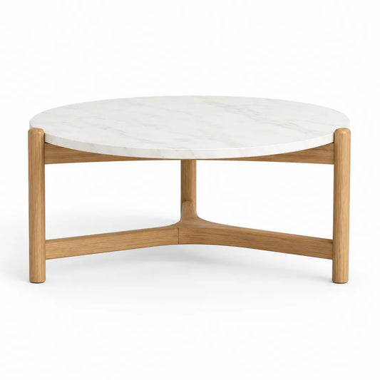 Table basse ronde 80 cm en marbre blanc et chene massif naturel