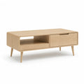 Table basse rectangulaire 120 x 60 x 45 cm en MDF plaque chene naturel avec tiroir et niche