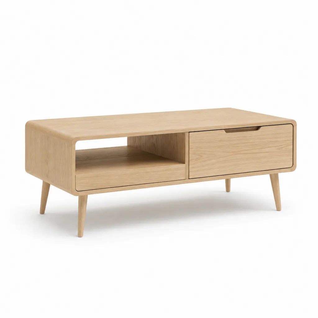 Table basse rectangulaire 120 x 60 x 45 cm en MDF plaque chene naturel avec tiroir et niche