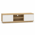Meuble TV bas avec 2 portes et niches en panneaux de particules melamines chene clair et blanc 160 x 40 x 50 cm