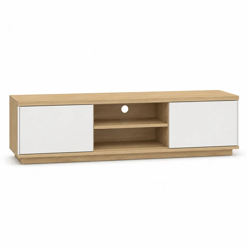 Meuble TV bas avec 2 portes et niches en panneaux de particules melamines chene clair et blanc 160 x 40 x 50 cm