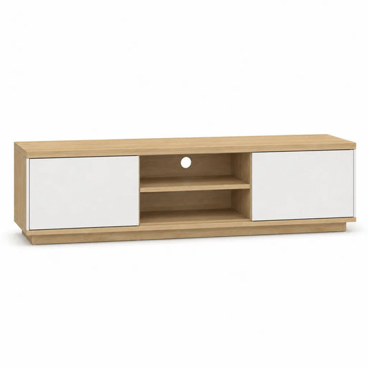 Meuble TV bas avec 2 portes et niches en panneaux de particules melamines chene clair et blanc 160 x 40 x 50 cm