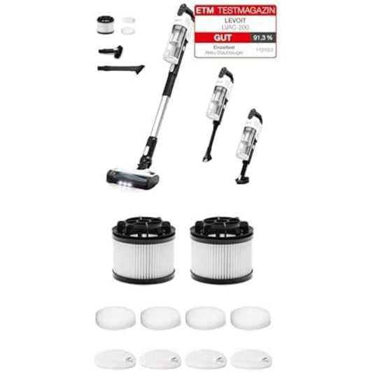 Aspirateur balai avec une brosse anti emmelement, coloris blanc et gris
