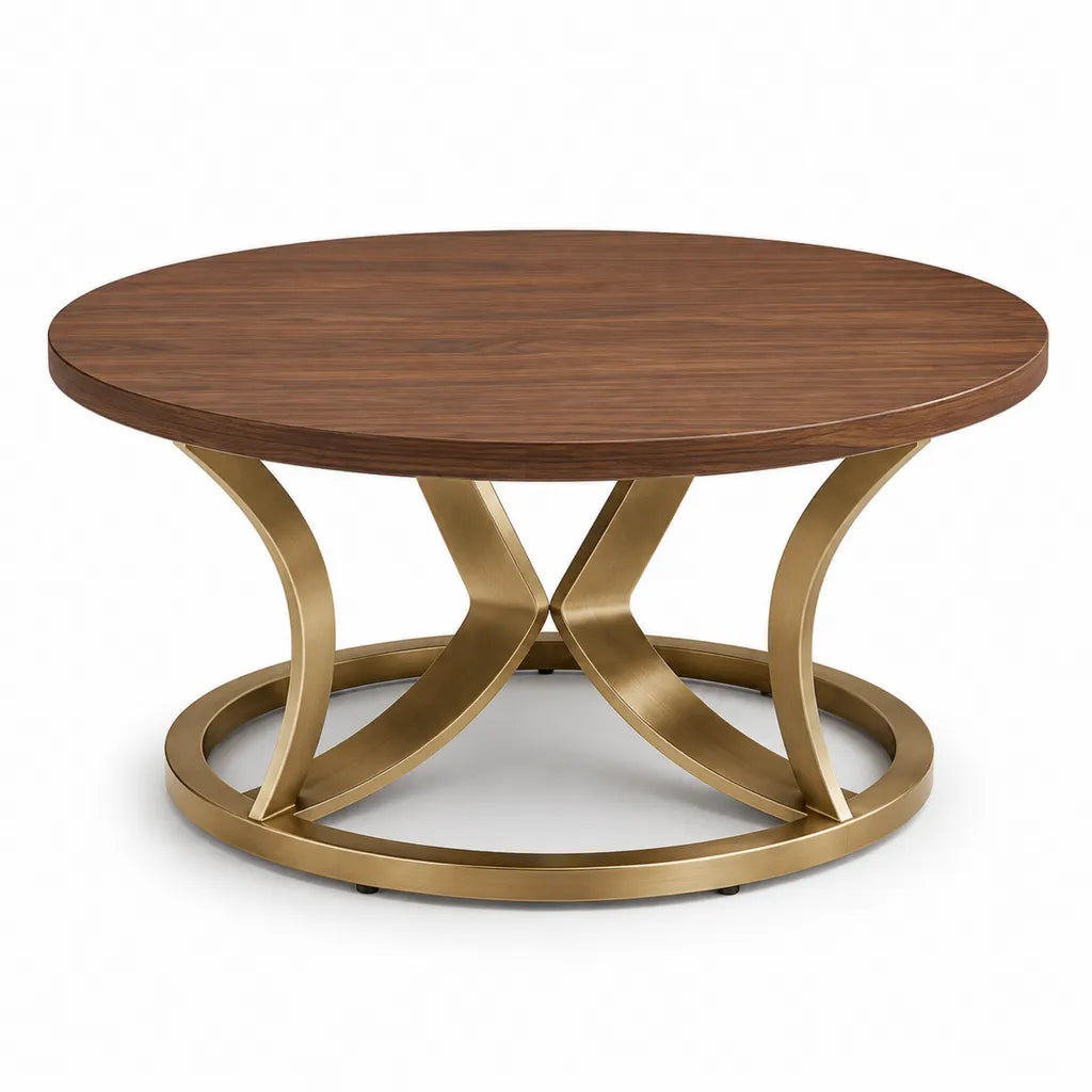 Table basse ronde  100 x H 45 cm plateau MDF decor noyer pietement acier dore