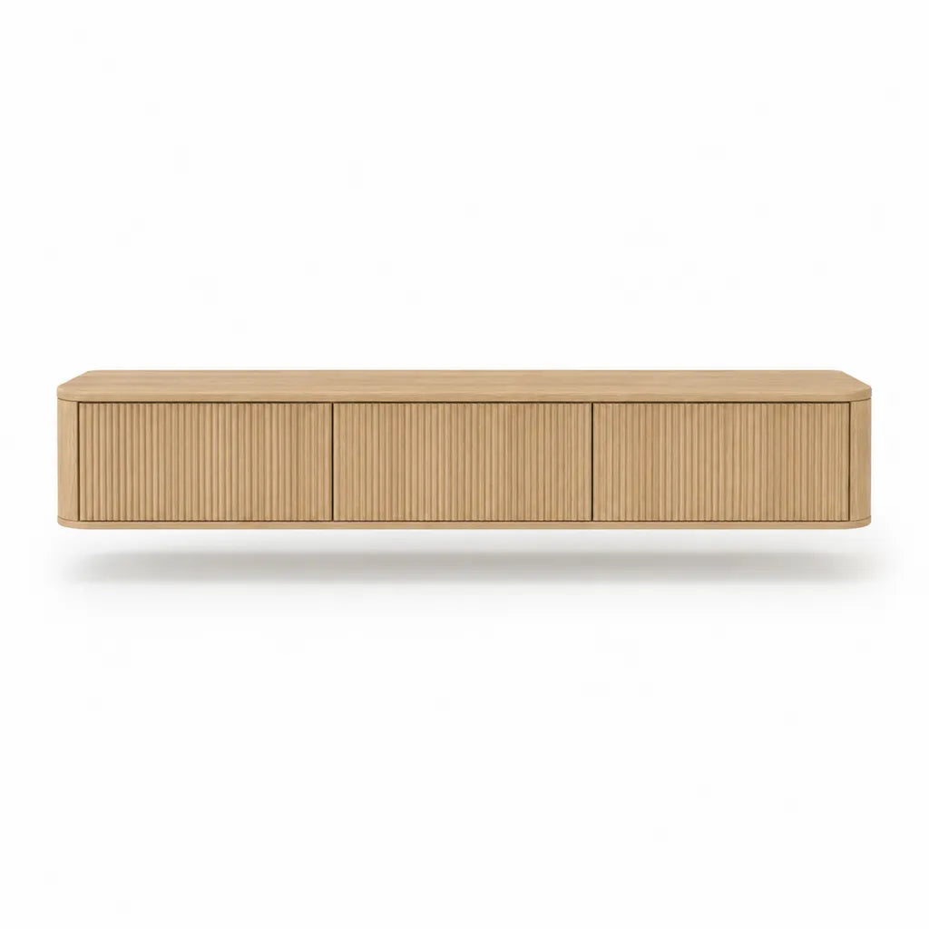 Meuble TV 4 portes en MDF plaque chene rectangulaire beige 180 x 40 x 45 cm