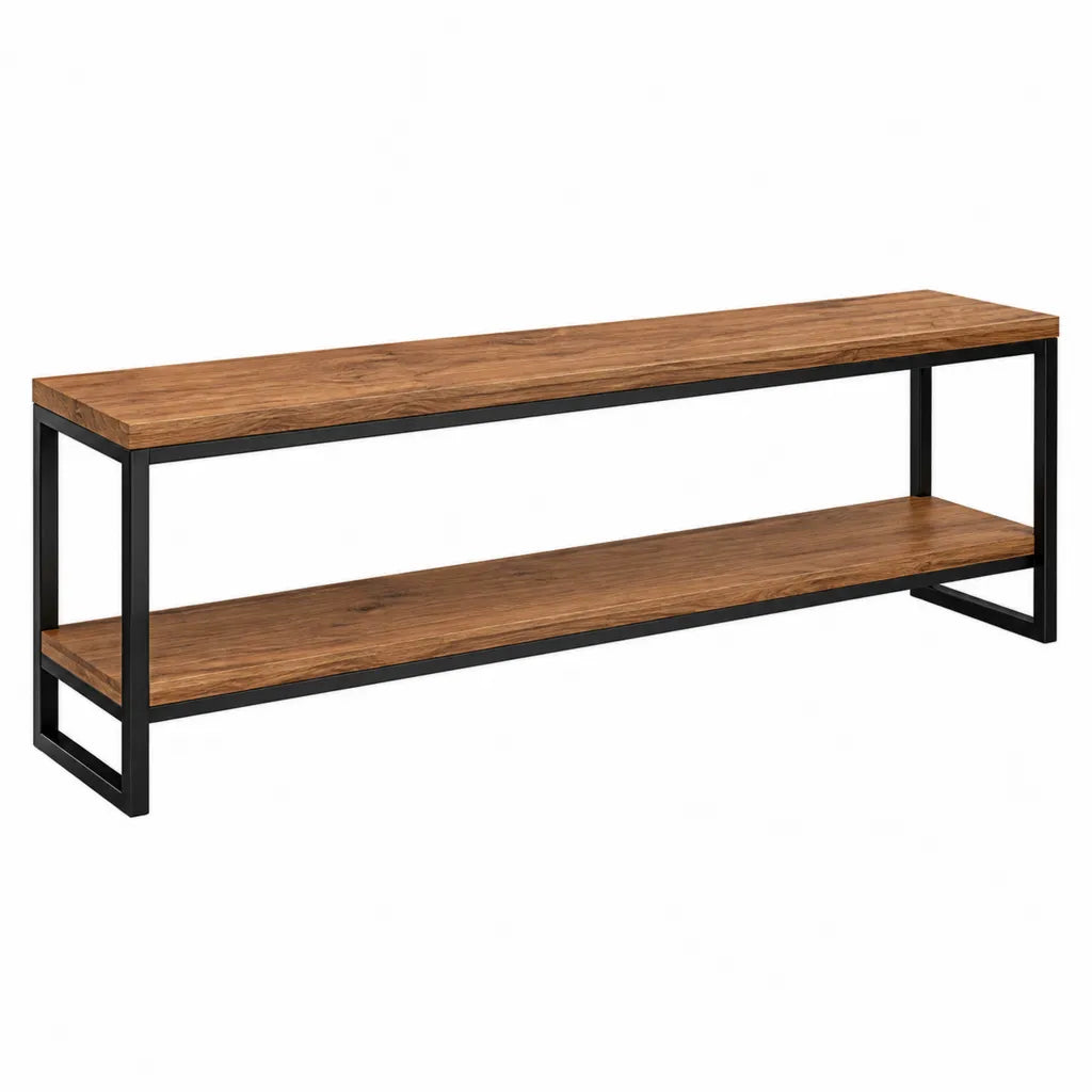Meuble TV rectangulaire 140 x 40 x 45 cm en panneaux de particules marron et acier noir avec etagere