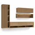 Ensemble meuble TV mural 4 pieces en MDF plaque chene a facades rainurees couleur chene naturel 220 x 35 x 180 cm
