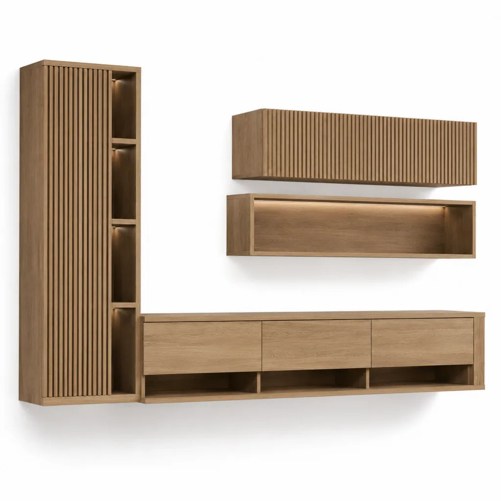 Ensemble meuble TV mural 4 pieces en MDF plaque chene a facades rainurees couleur chene naturel 220 x 35 x 180 cm