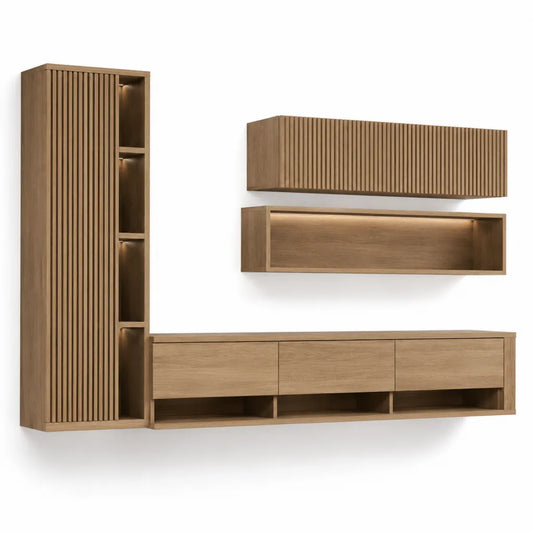 Ensemble meuble TV mural 4 pieces en MDF plaque chene a facades rainurees couleur chene naturel 220 x 35 x 180 cm