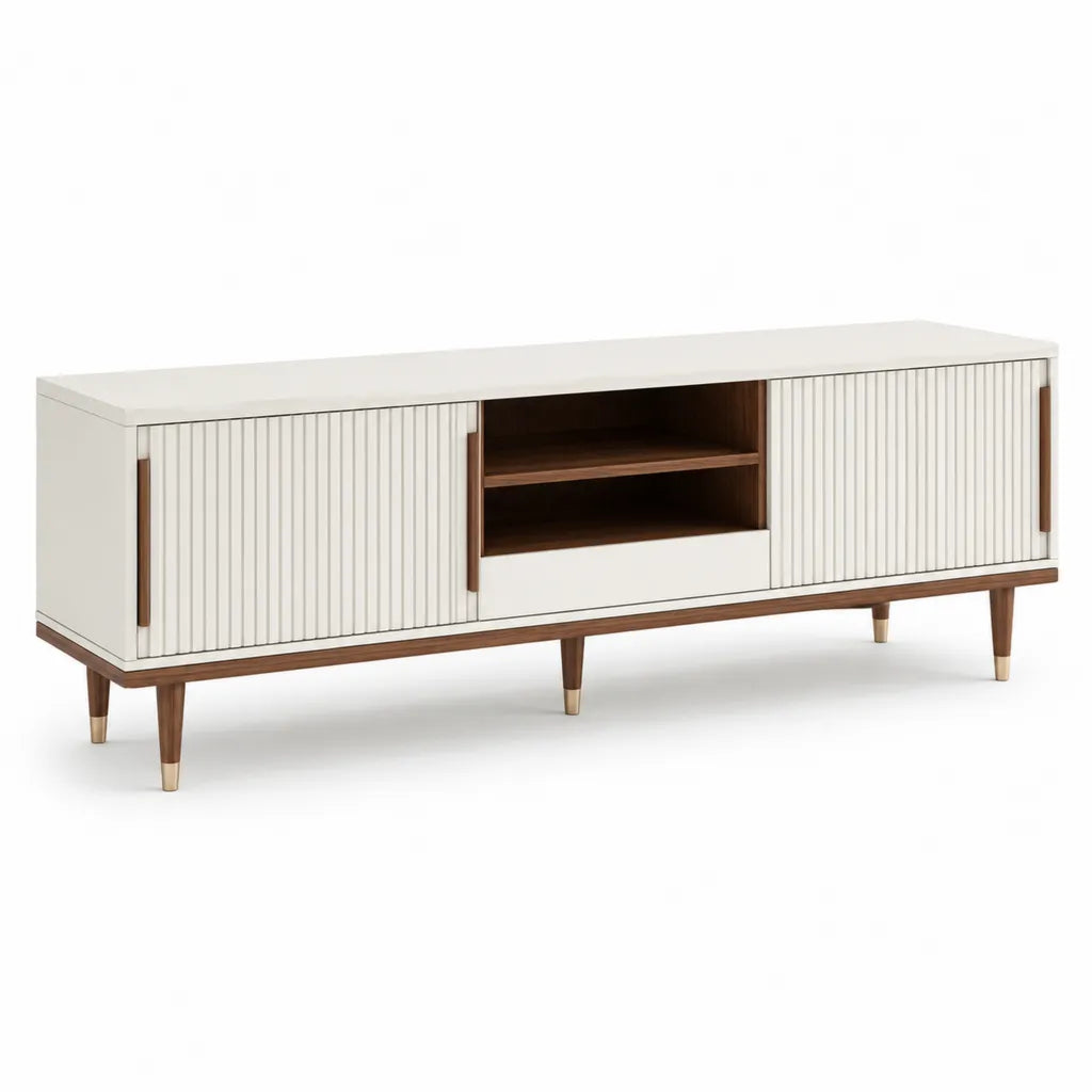 Meuble TV 180 x 40 x 60 cm en panneaux MDF blanc et decor noyer avec 2 portes coulissantes