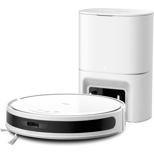 Robot avec base de collecte avec un reglage par application, coloris blanc et gris