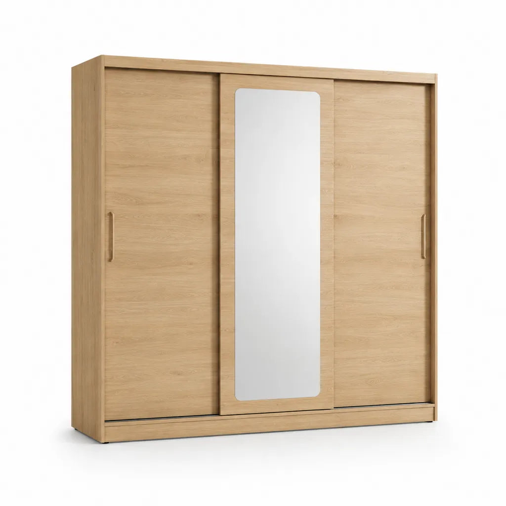 Armoire coulissante 3 portes avec miroir 180 x 60 x 200 cm panneaux de particules decor chene clair