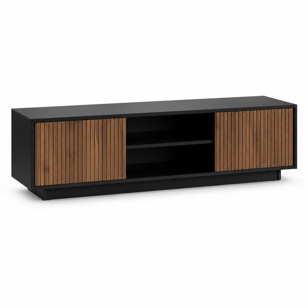 Meuble TV rectangulaire 160 x 40 x 50 cm en MDF noir et decor noyer avec 2 portes coulissantes