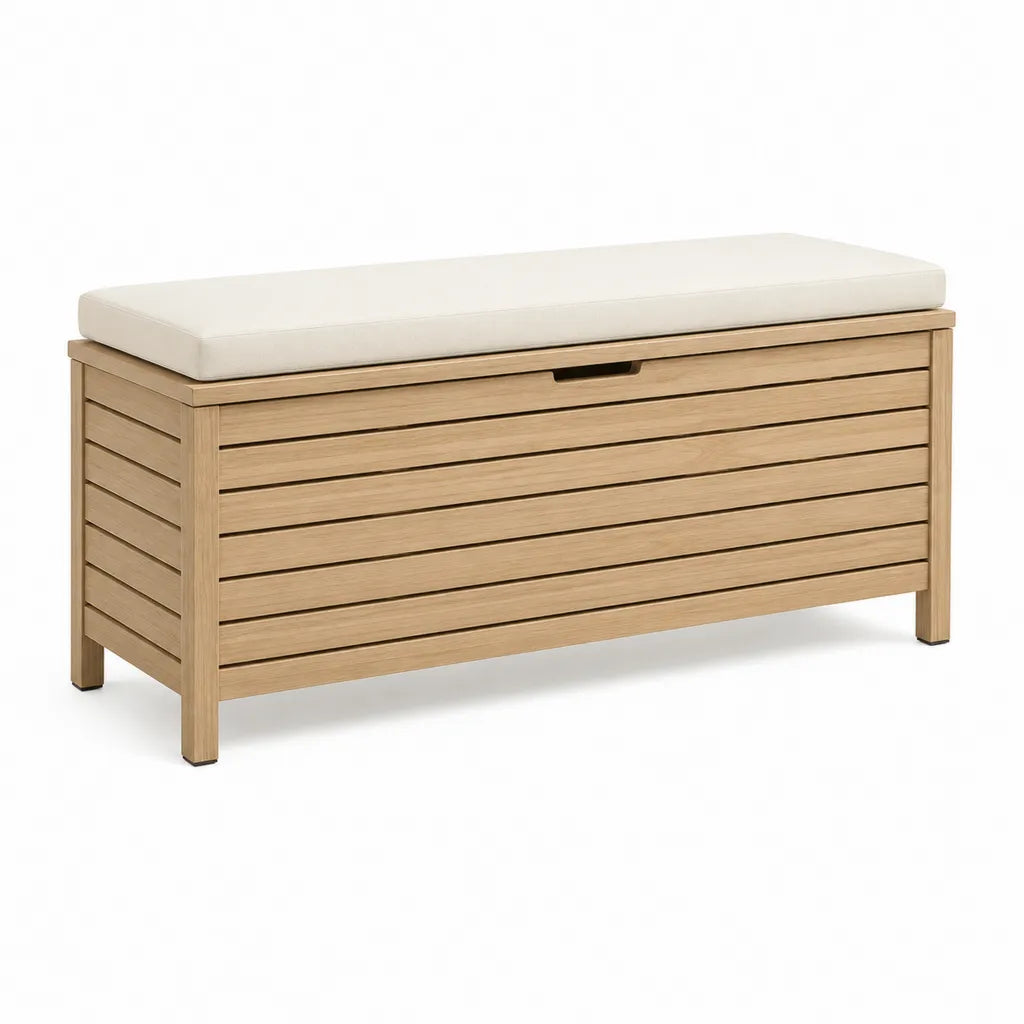 Banc de jardin coffre rectangulaire en acacia massif naturel avec coussin creme 120 x 50 x 50 cm