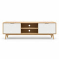Meuble TV bas 180 x 40 x 55 cm en MDF decor chene avec portes blanches rectangulaire