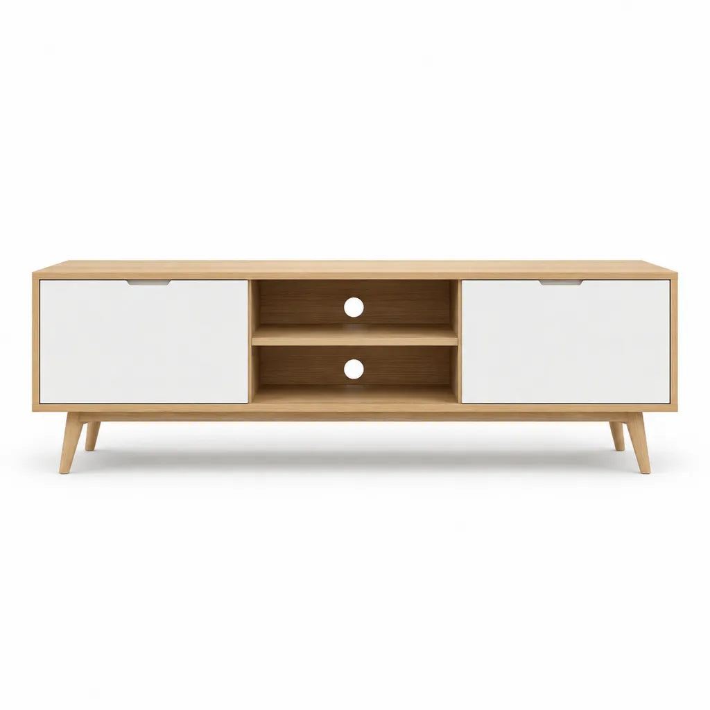 Meuble TV bas 180 x 40 x 55 cm en MDF decor chene avec portes blanches rectangulaire