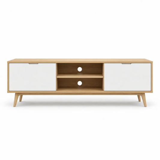 Meuble TV bas 180 x 40 x 55 cm en MDF decor chene avec portes blanches rectangulaire