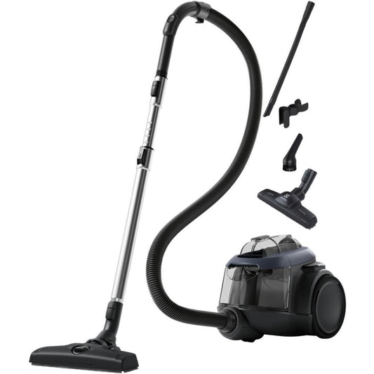 Cet aspirateur au format traineau combine l'entretien des sols et la collecte de la poussiere