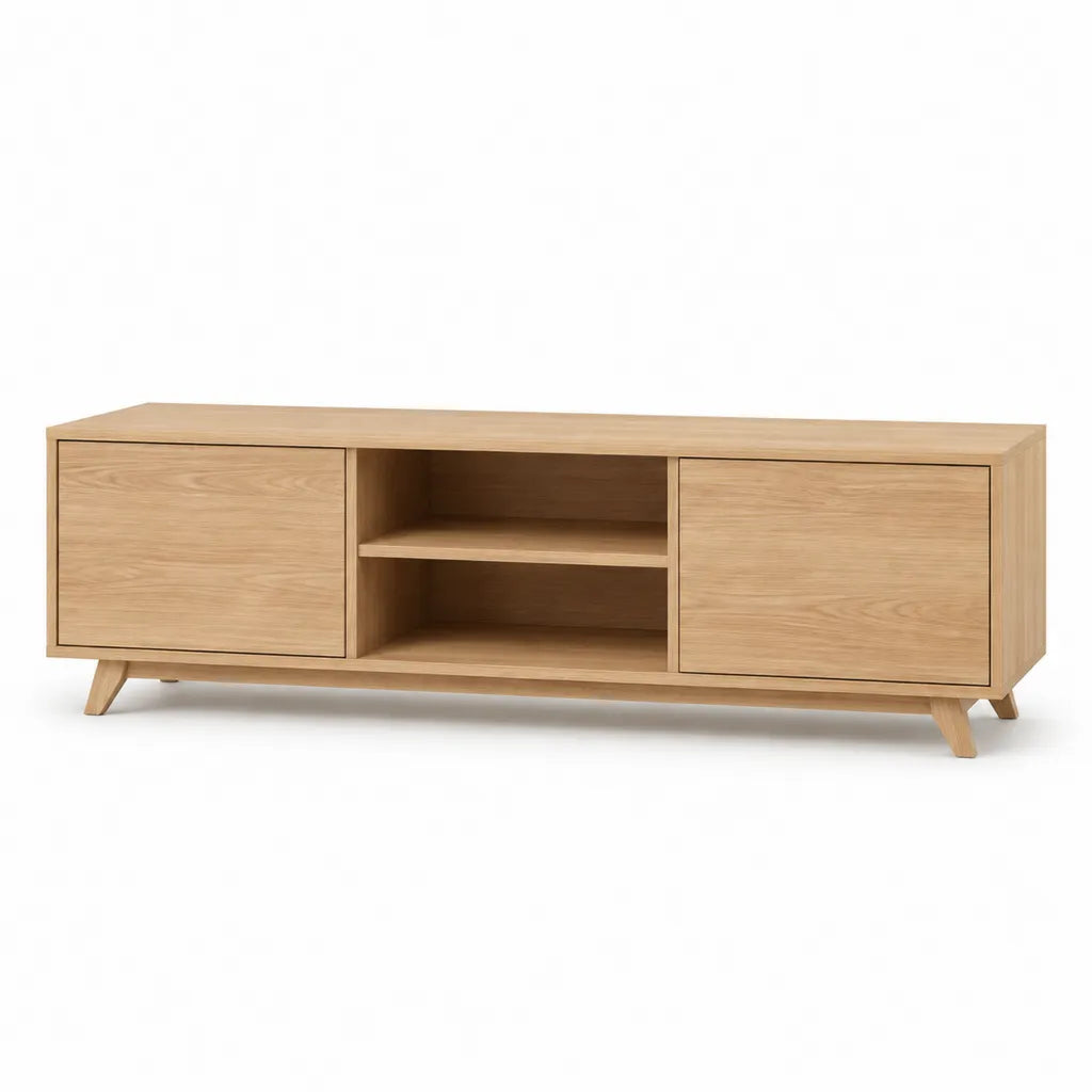 Meuble TV rectangulaire 160 x 40 x 50 cm en MDF plaque chene naturel avec 2 portes et 2 niches