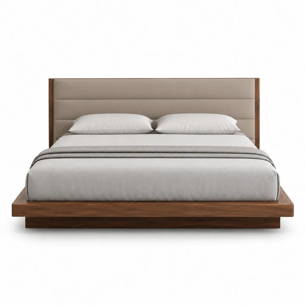 Lit coffre rectangulaire 160 x 200 cm en MDF placage noyer avec tete de lit en PU taupe