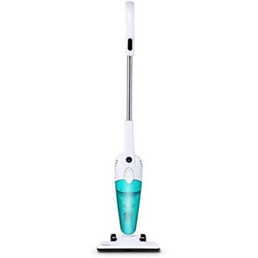 Aspirateur vertical associant l'entretien des sols au coloris blanc et bleu