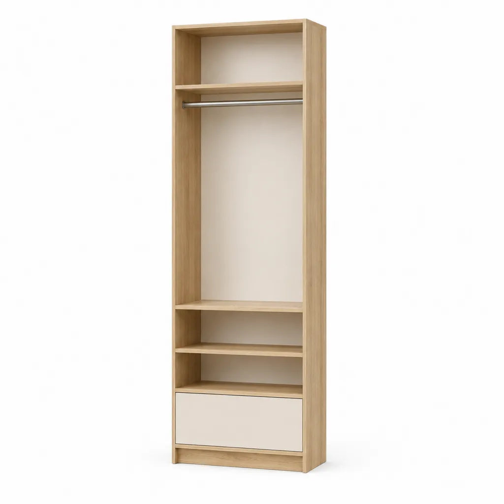 Armoire ouverte avec penderie etageres et tiroir 50 x 40 x 200 cm panneaux de particules melamines chene clair blanc