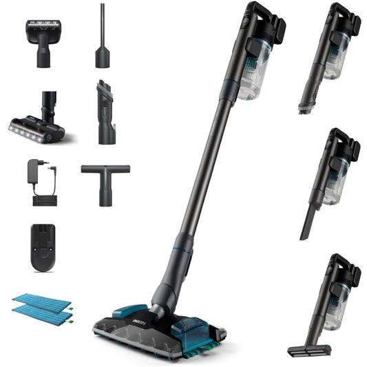 Aspirateur balai, coloris gris et noir, avec le nettoyage des bords