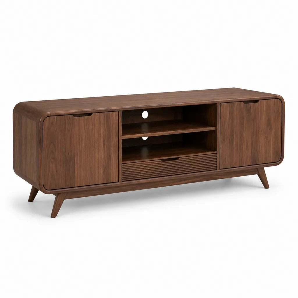 Meuble TV en MDF plaque noyer 180 x 40 x 65 cm marron avec 2 portes 1 tiroir et etageres ouvertes