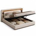 Lit coffre 160 x 200 cm rectangulaire en polyester effet velours beige avec tete de lit eclairee