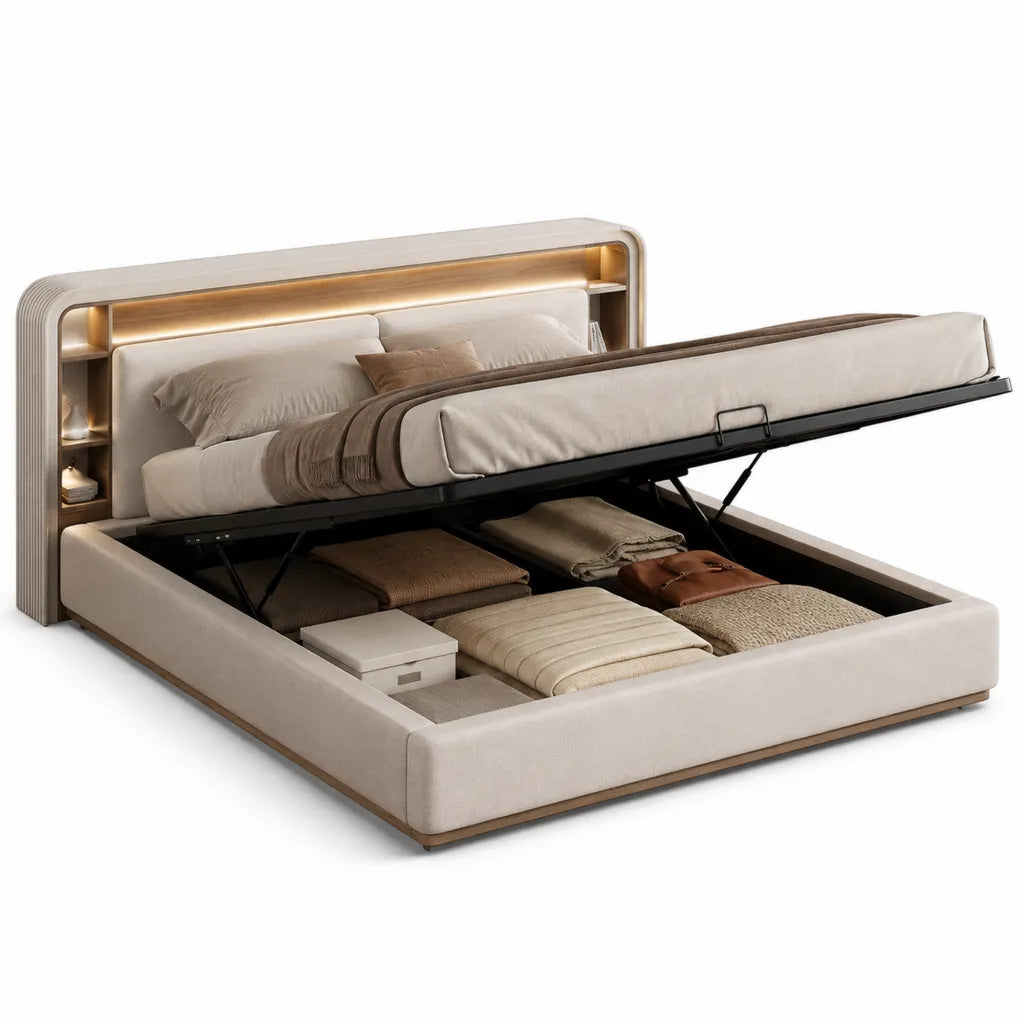 Lit coffre 160 x 200 cm rectangulaire en polyester effet velours beige avec tete de lit eclairee